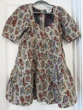 Textured Floral Mini Dress in Cream with Rose Accents